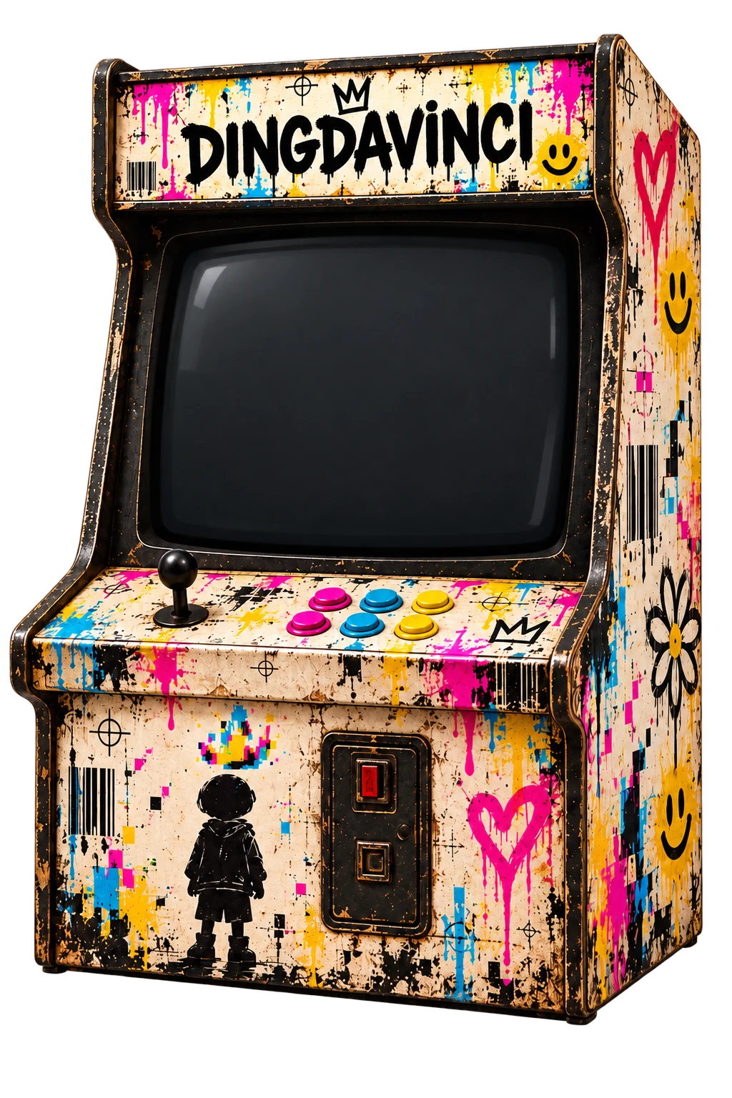 A worn cream DINGDAVINCI arcade cabinet covered in colorful graffiti